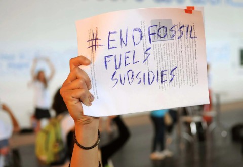 A hand holding a sign that reads: "End Fossil Fuel Subsidies"