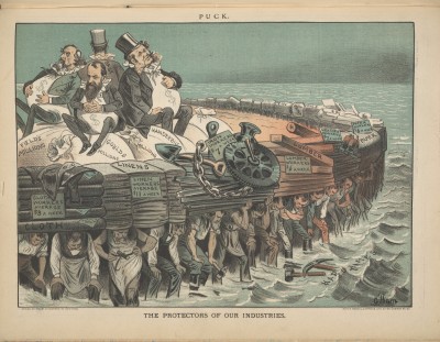 Old illustration of figureheads of corporate greed on top of oppressed workers holding them up