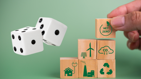 Dice rolling as person builds blocks with pictures of green economy symbols 