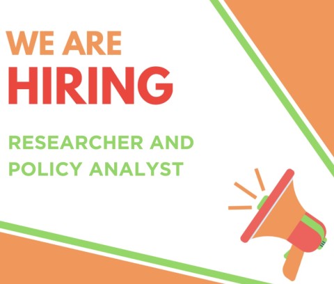 A red, green, and orange graphic with a megaphone advertising a job for a researcher and policy analyst.