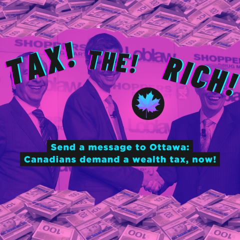 A pink and blue duotone photo of billionaires smiling and shaking hands with "Tax the rich" text over their eyes and a border of piles of money