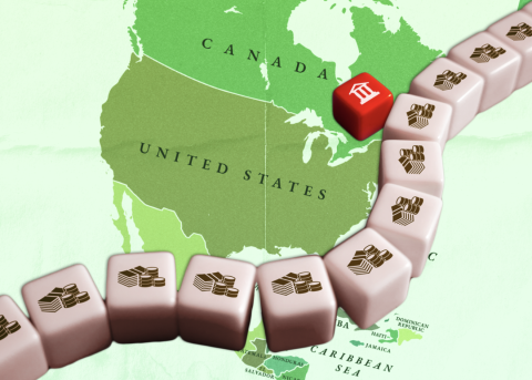 A map of North America with the countries depicted in different shades of green and game pieces snaking across in a line across countries